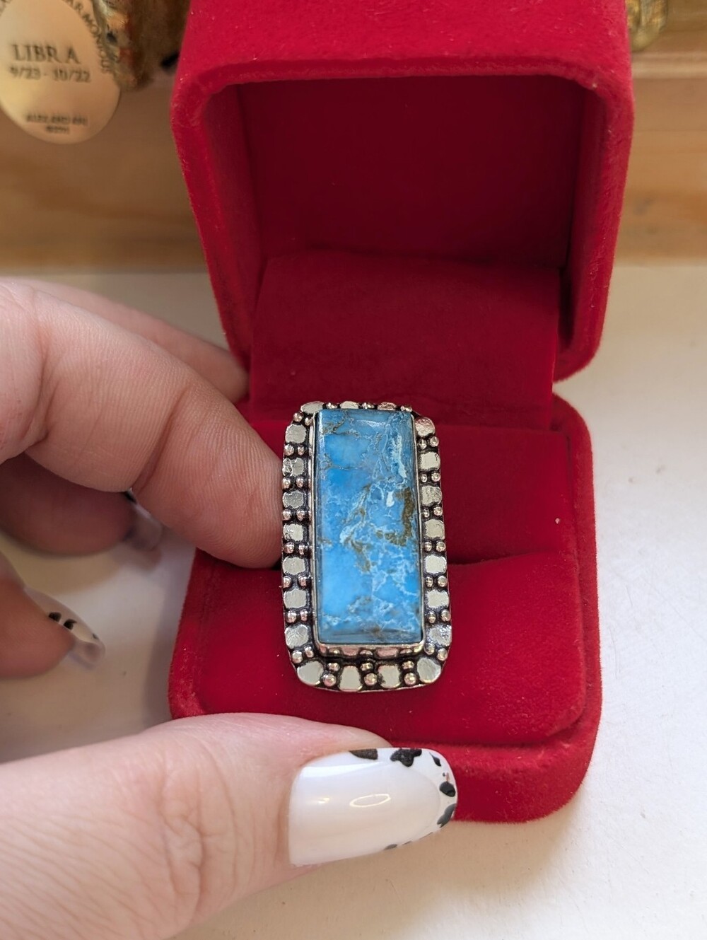 Vintage Handmade Sterling Silver Turquoise Rectangle Cocktail 🍸 Ring Size 7.5